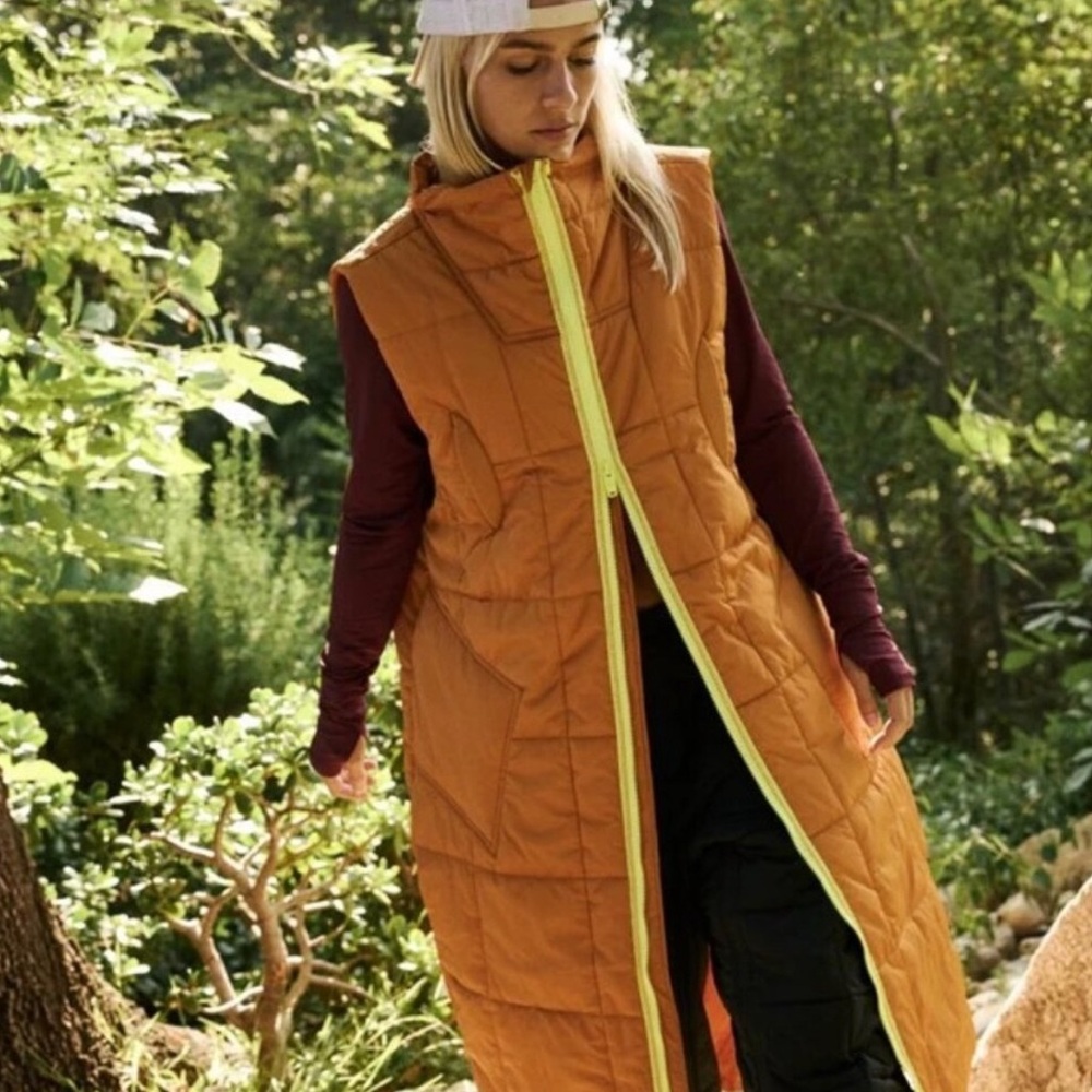 Free People Packable Puffer Orange Quilted Long Vest with Yellow Zipper